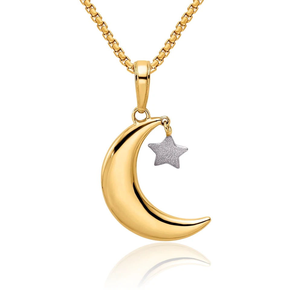 Collar Estrella Colgante Luna Oro Sólido 14K Dos Tonos Foto 1 de 1