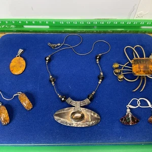 . Collana vintage 925 sterling S con pietre preziose, orecchini, anello, spilla pendente - Foto 1 di 19
