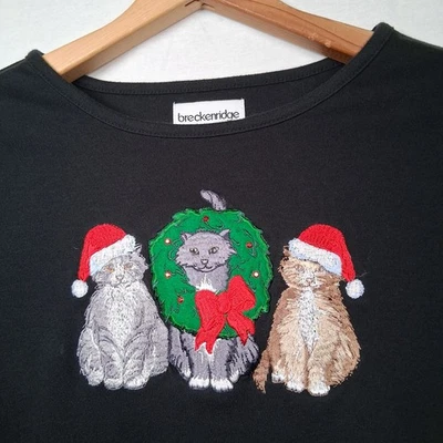 Винтажная женская футболка Breckenrige с рождественскими кошками средний размер черная вышитая кошка леди - Изображение 1 из 4