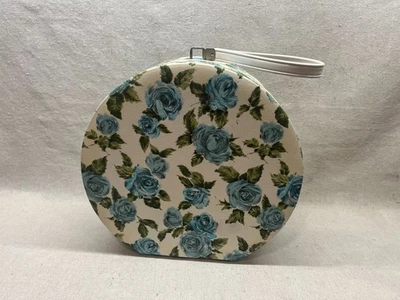 复古乙烯基蓝色花朵圆形帽子盒旅行箱拉链手柄 20 世纪 60 年代 — 第 1/4 张图片
