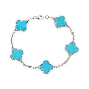 Van Cleef & Arpels Alhambra 18K White Gold 5 Motif Turquoise Bracelet 7.75" - Picture 1 of 12