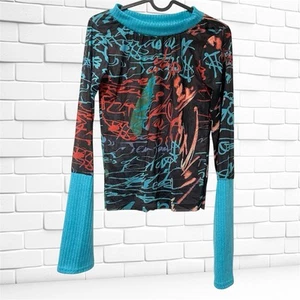 Rare Y2K 90s Graphic Mesh Long Sleeve Top – Graffiti Print, Sheer, Size XS-S - Picture 1 of 15