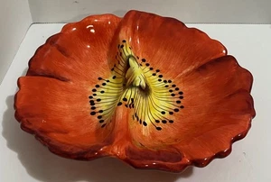 California Pottery Red Orange Yellow Poppy Divided Trinket Dip Dish Bowl 7.5" - Picture 1 of 1
