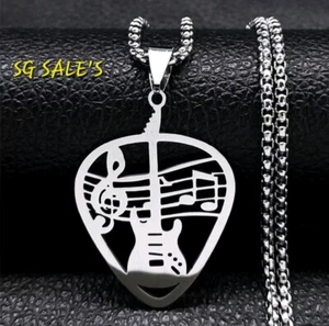 Guitar Pick Necklace Plectrum Silver Band Gig Gift UK - Picture 1 of 2