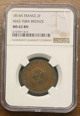 Rare! R! Russia France 1814 2 Francs Module Essai Alexander I - NGC UNC MS 62 - Image 1 of 2