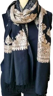 Wool Silk Embroidery Shawl Scarf Cover Up Wrap Black Gold Floral Paisely Fringe  - Image 1 of 4