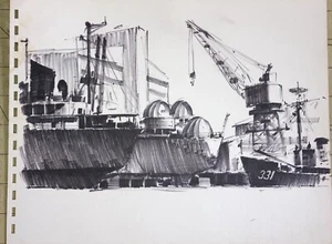 Original Vintage Drawing by R.G. Smith~Ca. 1950 Boats, Harbor (#2) - Picture 1 of 4