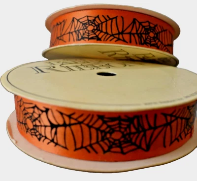 Spider Web Black Orange 20 Yard WFR Ribbon 7/8 Wide Happy Halloween Pattern - Image 1 of 4
