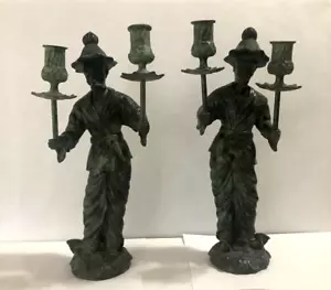 Pair VTG 9.5 LBS Solid VerdigrisBronze 16” Tall Chinese Man Candle Stick Holders - Picture 1 of 13