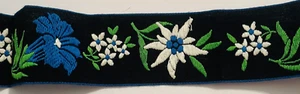 6+ Yards Indanthren Black Jacquard Embroidered Trim Blue White Florals Ribbon - Picture 1 of 5