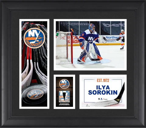 Ilya Sorokin Islanders FRMD 15" x 17" Player Collage with a Piece of GU Puck Cover