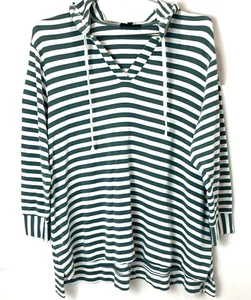 Jane Delancey Plus 1X French Terry Top Tunic Hoodie Striped White Green Coastal - Picture 1 of 5
