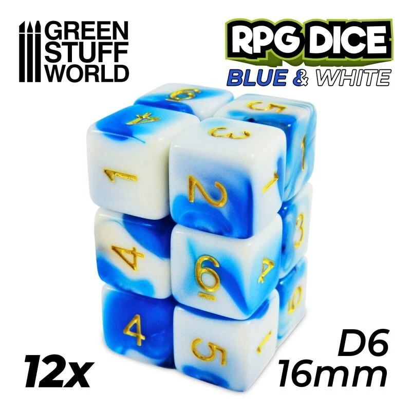 12x Dados D6 16mm - Azul Blanco - wargames juegos de rol DnD AOS TOW Old World - Imagen 1 de 2