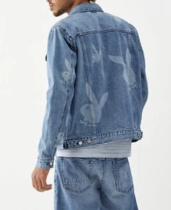 NWT Men’s Playboy Classic Fit Bunny Logo Denim Trucker Jacket Size L Blue - Picture 1 of 12