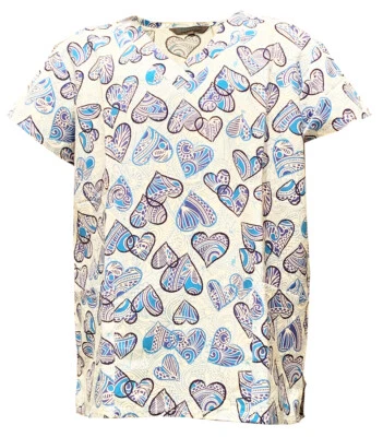 Womens Microfiber Medical Scrub Tops White Base Blue Heart 2X - Image 1 of 2