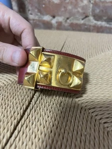 100% Authentic Hermes Calf Gold Collier de Chien Bracelet Cuff - Picture 1 of 10