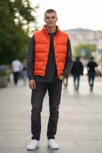 Old Navy Herren Oversized Puffer Weste Größe Large Orange Reißverschluss Winter Outdoor - Bild 1 von 5