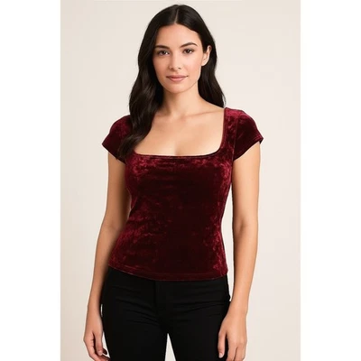 Top GUESS Borgoña Terciopelo Aplastado Elástico Cuello Cuadrado Talla XL Romántico Y2K Glamour Foto 1 de 4