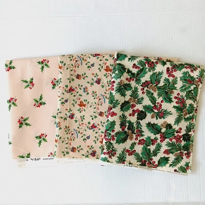 Lot of 3 Vintage VIP Cranston Print Works Holiday Holly Pink Cotton Fabric 44" - Image 1 of 4