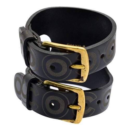 Y0713 Bracciale Chanel Logo Pelle Fibbia Cintura Nero Lega Placca 45 7g