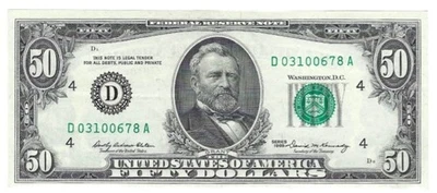 1969 Fifty (50) Dollar Federal Reserve Note D03100678A Cleveland 2114D  AU/UNC? - Image 1 of 2