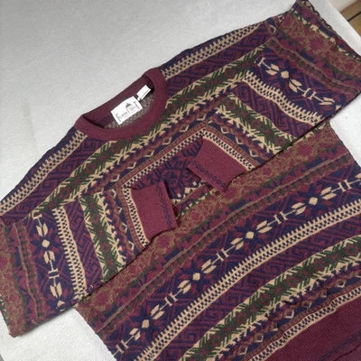 VTG Florence Tricot Sweater Mens Large Burgundy Fair Isle Made in Italy Wool 90s - Image 1 of 4