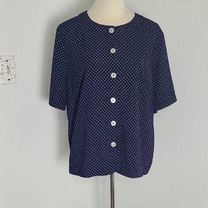 Vintage Koret Navy & White Polka Dot Button-Down Blouse with Short Sleeves Sz XL - Picture 1 of 9