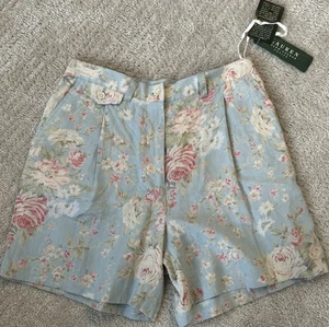 Vintage Lauren Ralph Lauren Shorts Women’s 10P Blue 100% Linen Floral Print NWT - Picture 1 of 11