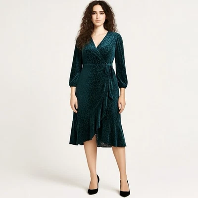 NUEVO Vestido Calvin Klein Burnout Terciopelo Envolvente Talla 6 Verde Cóctel Fiesta Vacaciones Foto 1 de 4