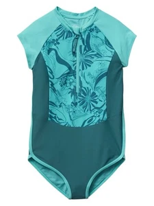 Athleta Girl Blue Green Floral Short Sleeve One Piece Zip Up Swim Suit Size L 12 - Picture 1 of 7