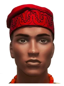 African Red Kufi Hat with Black Embroidery - Picture 1 of 4