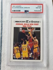 1991-92 Hoops Basketball Michael Jordan Bulls 1st Title Card PSA 8 NM-MT #542