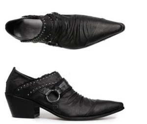 Mens Cowboy Cuban Heel Pointy Toe Black Leather Motor Formal SHoes Rivet Brogues - Picture 1 of 4