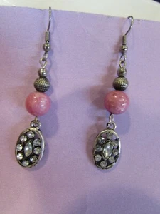 VINTAGE silvertone rhinestone pink bead dangle pierced earrings - about 2 1/2"  - Picture 1 of 5