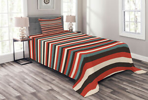 Striped Quilted Bedspread & Pillow Shams Set, Vintage 60's Red Black Print