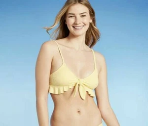 Juniors' Ribbed Ruffle Tie-Front Bralette Bikini Top - Xhilaration Yellow 14W - Picture 1 of 3