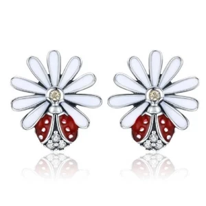 Sterling Silver 925 Earrings Ladybird Flower Stud For Women Girls Ladies - Picture 1 of 6