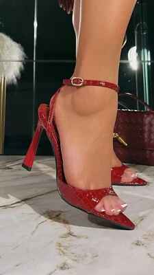 New Red Crocodile Croc Ankle Strap Stiletto High Heel Sandals Pointed Open Toe - Image 1 of 4