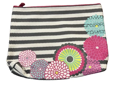 Thirty One Zipper Pouch Bag Gray Stripes w Bubble Bloom Pink Blue Lime Flowers  - Image 1 of 2
