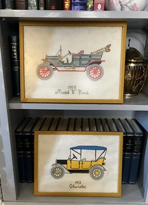 2 Professionally Framed Vintage/Antique Cars Needlepoint Cross Stitch 13x10 - Image 1 of 4