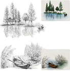 Lake River Scenery Trees Boat Clear Stamps for Card Making and Scrapbooking Card