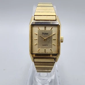 VTG Pulsar Watch Women 16mm Champagne Dial Gold Tone Rectangle V232-5100 New Bat - Picture 1 of 12