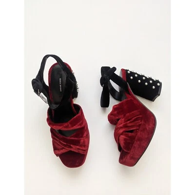 Sandálias plataforma Zara feminina salto alto veludo dois tons cravejadas tamanho 6 - Imagem 1 de 4