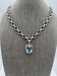 Michele Albala 925 Silver Blue Topaz Removable Pendant On Cable Link Necklace - Picture 1 of 12