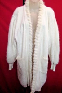 C. C. INTERNATIONAL White Hairy Furry Fuzzy 80% Angora Sweater Coat Free Size - Picture 1 of 9