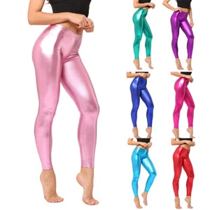 Women's Faux Leather Leggings Shiny Metallic High Waist Skinny Pants Trouse о - Picture 1 of 22