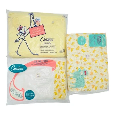 Vintage Carters 2 Fitted Baby Crib Sheets & Flat Sheet Set Of 3 Mid Century NEW - Image 1 of 4