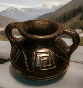 Native American Themed Black Matte Glazed Decor Pottery Vase - Picture 1 of 3