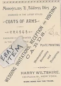 1887 anuncio HARRY WILTSHIRE Nueva York IMPRESORA GRABADORA MONOGRAMAS impresión - Imagen 1 de 1