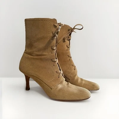 Isaac Mizrahi Boots Womens 7M Pepper Suede Camel Made In Italy Heels Lace Up - Image 1 of 4